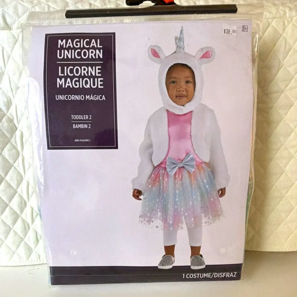Costume Unicorn Toddler Hooded Unicorn Dress 2T White Pink Polyester